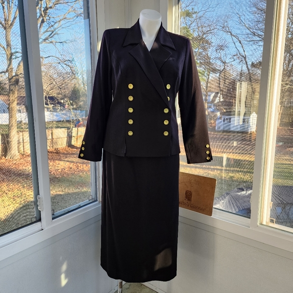 Monroe & Main Black Double Breasted Gold Button Maxi Pencil Skirt Suit - Picture 2 of 16